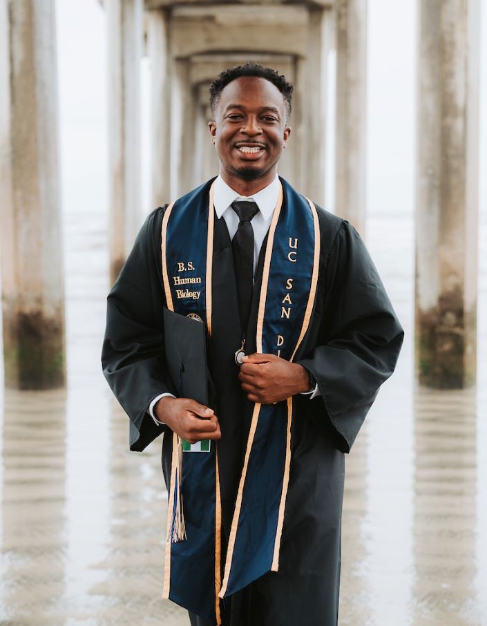 Onyekachi Ezeokeke in front of the Ellen Browning Scripps Memorial Pier. 