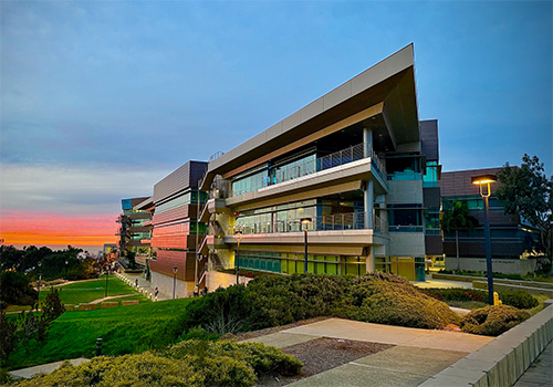 The Rady School of Management at sunset.